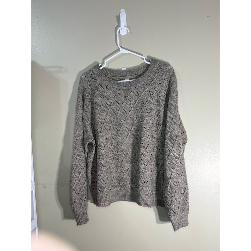 Twik par Simons Women XL Gray Taupe Diamond Pointelle Open Knit Raglan Sweater